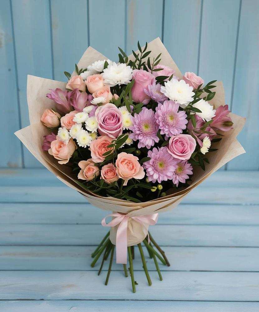 Букет цветов из: Хризантемы, Розы и Альстромерии в Верхнеуральске