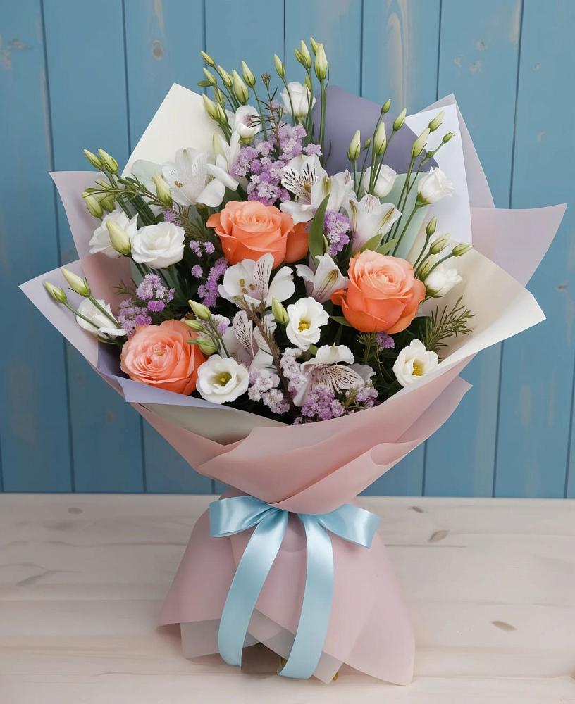 Букет цветов из: Лизиантусы, Розы, Альстромерии и Гипсофила в Верхнеуральске