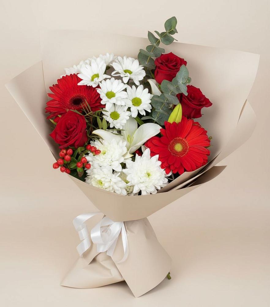 Букет цветов из: Розы, Хризантемы, Герберы и Лилии в Верхнеуральске